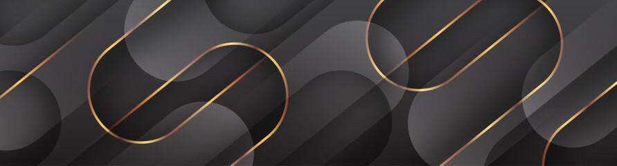 Poster - 3D black luxury abstract background overlap layer on dark space with golden rounded lines decoration. Modern graphic design element cutout shape style concept for web, flyer, card or brochure cover