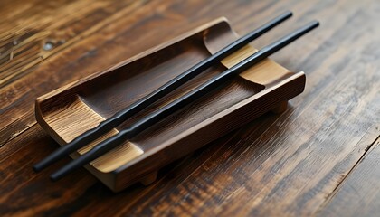 Elegant wooden chopstick holder showcasing dark woodgrain with sleek black chopsticks resting inside