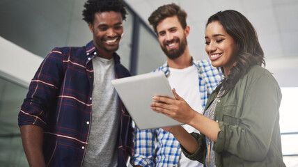 Wall Mural - Office, business people and happy with tablet for research, planning and company website with tech. Teamwork, employees and designers with digital for online startup, progress and creative agency