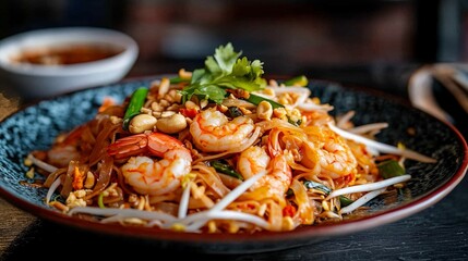 Shrimp pad Thai with peanuts and bean sprouts