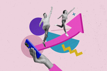 Poster - composite collage picture image of hand hold device arrow point funny people running have fun bizarr