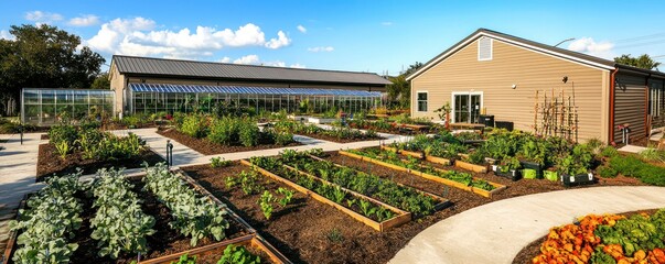 Wall Mural - a community gardening center with james hardie siding, providing a series of small garden plots and 
