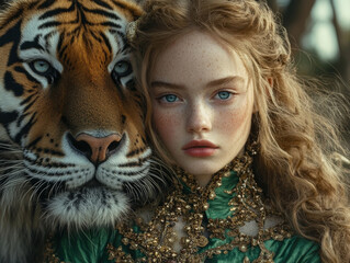 Portrait of Girl with Tiger in Enchanting Setting