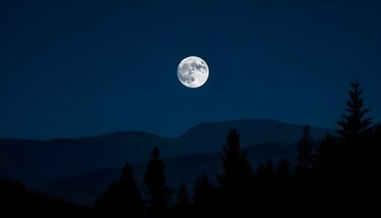 A full moon in a night sky over a silhouetted mountain landscape with pine trees