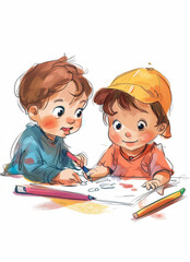 Illustration of two cartoon kids playing and coloring with crayons