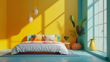 Wall Mural - Vibrant minimalist bedroom with bold color accents set against a monochrome backdrop, showcasing striking interior design.