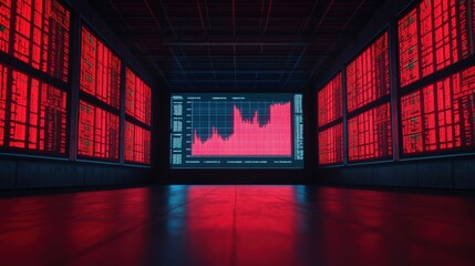 A dark, high-tech room featuring glowing red displays and a central graph projecting data trends, Business idea concept.