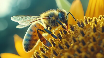 Close up of a bee collecting pollen from a sunflower.