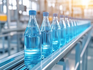 Sticker - A close-up view of a conveyor belt transporting glass bottles in a clean and modern bottling plant