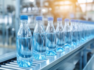 Sticker - A close-up view of a conveyor belt transporting glass bottles in a clean and modern bottling plant