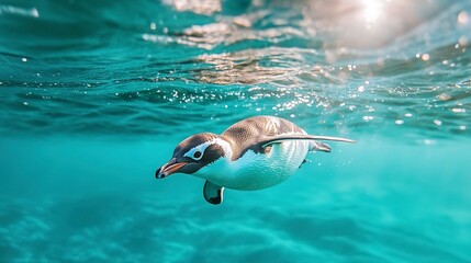 Poster - penguin swimming underwater during the daytime in a bright turquise sea