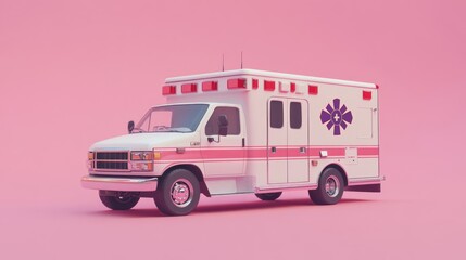 White ambulance with pink stripes and a purple star of life on a pink background.