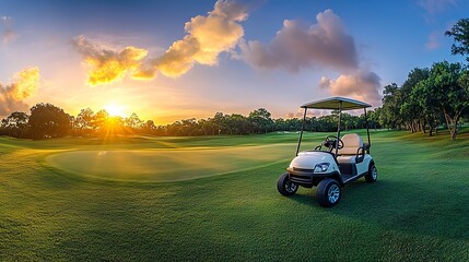 Canvas Print - Panorama of golf cart on beautiful golf course at sunset