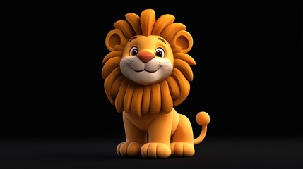 Wall Mural - A cute, cartoon lion with a friendly expression sits against a black background.