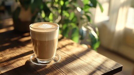 Poster - Latte art in a glass mug on a wooden table with a green plant and light coming in from a window.