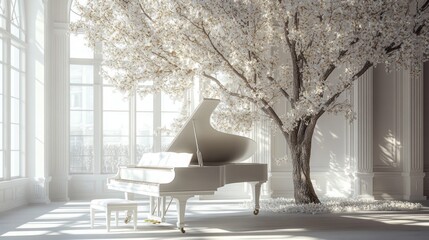 Wall Mural - A white grand piano sits in a bright, airy room with a blossoming tree,  petals falling.