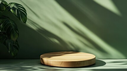 Wall Mural - A wooden podium sits in front of a green wall with dappled sunlight and shadows.