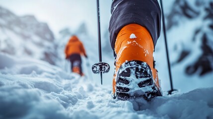 Wall Mural - Mountaineer backcountry ski walking in the mountains. Adventure winter extreme sport. Detail boots. 