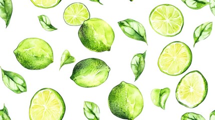 Wall Mural - Seamless pattern of hand drawn lime fruit in watercolor