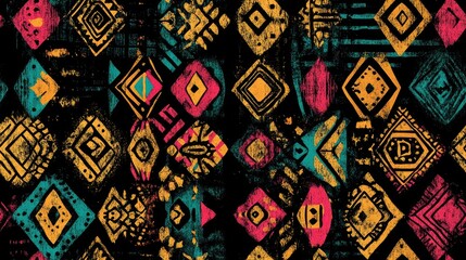 African repeat pattern Seamless American print Fashion Cherokee design Contemporary graphic print Boho Mayan ornament Vintage patchwork Black cyan pink green and gold African repeat pattern