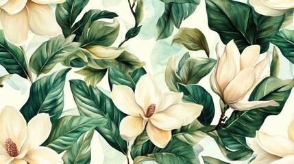 Wall Mural - Hand painted watercolor botanical leaves pattern featuring a seamless tropical design ideal for interior and textile applications showcasing magnolia flowers