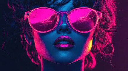 Wall Mural - Closeup portrait of a woman wearing pink sunglasses with a reflection of the sky in the lenses. Her face is lit with vibrant neon pink and blue lights, creating a striking contrast.