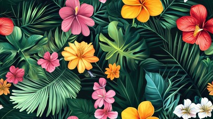 Blooming jungle Colorful raster illustration Seamless pattern featuring various tropical flowers