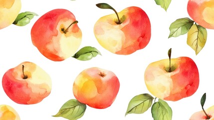 Wall Mural - Seamless pattern featuring hand drawn watercolor apples on a white background Watercolor apple illustrations