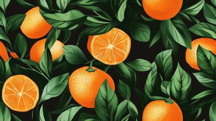 Wall Mural - Seamless pattern featuring orange mandarin and green leaves