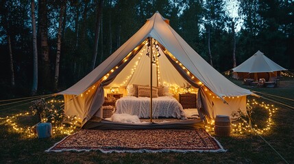 Wall Mural - Luxury glamping camping tent with cozy accessories, light garlands and beautiful landscape at sunset. Glamping by night poster. Colorful lights and garlands.