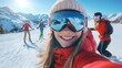 © Thanthara - Lifestyle selfie photo of a beautiful cheerful young caucasian girl with ski goggles and helmet, skiing with friends and alps snow mountains in the background