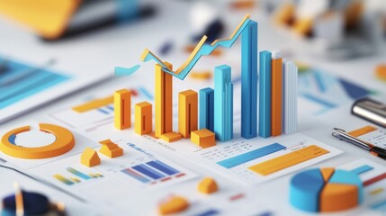 Wall Mural - Colorful 3D bar graph showing upward trend with other charts and graphs on a desk.