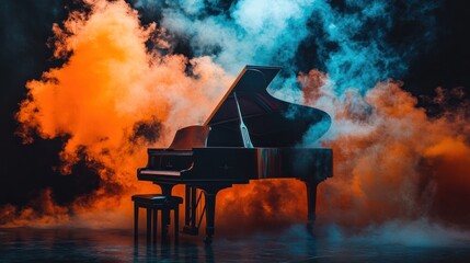 A black grand piano stands on a wooden stage, with colorful smoke in the background.