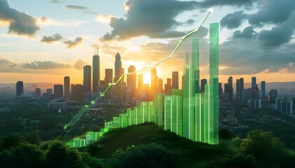 Wall Mural - Sustainable City Skyline Featuring Green Buildings and Upward Graph Symbolizing Growth in Eco-Friendly Investments