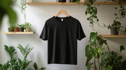 Wall Mural - A black t-shirt hangs on a wooden hanger against a white wall with potted plants on shelves.