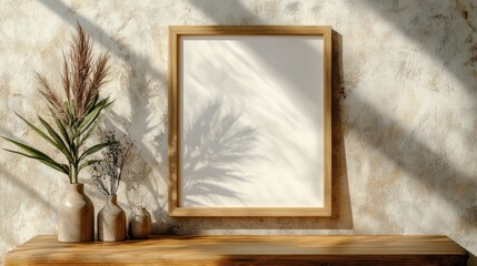 Wall Mural - A wooden frame with a blank white canvas sits on a table with a vase and plant, with a shadow of a plant cast on the wall behind it.