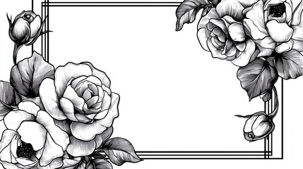 Wall Mural - Line art illustration featuring a frame adorned with black and white rose flowers