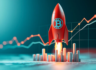 Poster - Rocket with Bitcoin symbol taking off with stock market graph in the background.