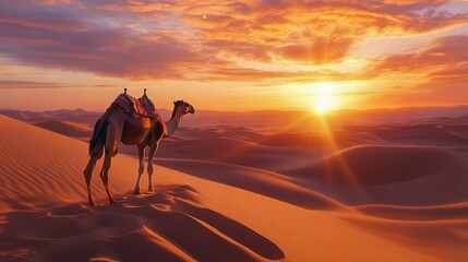 A lone camel stands on a sand dune in the desert at sunset. The sun is setting behind the camel, casting a warm glow over the landscape.