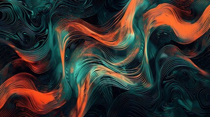 Poster - Psychedelic-inspired gradient with a flowing, wave-like pattern in vivid orange and teal hues, set against a grainy black background for a bold, energetic design