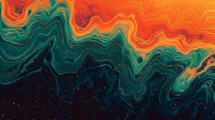 Poster - Vibrant orange and teal waves blend together in a psychedelic gradient with a grainy texture on a black background, creating a striking visual for party poster designs