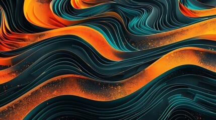Poster - Vibrant orange and teal waves blend together in a psychedelic gradient with a grainy texture on a black background, creating a striking visual for party poster designs