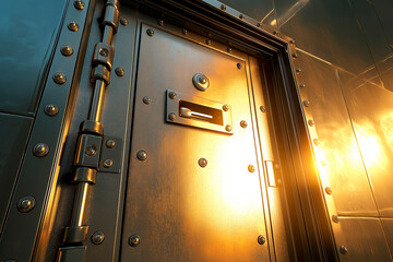 Poster - Close-up of a sturdy metal door with bolts and hinges illuminated by warm sunlight.