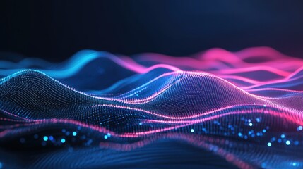 Aufkleber - Abstract line art illustration depicting futuristic data stream technology with neon waves and a dark blue background showcasing complex industrial data visualization