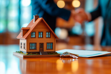 Aufkleber - Model house with keys and documents on a table, handshake in background, concept of real estate transaction.