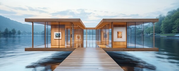 A floating wooden art gallery on a lake, designed with transparent floors to view the water below and movable walls to change the exhibition spaces