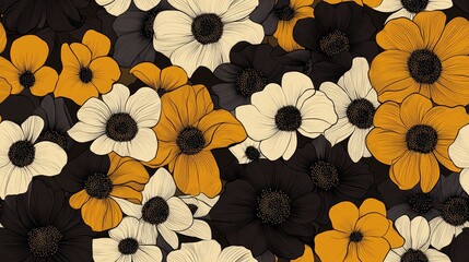 Raster illustration of a seamless repeat pattern featuring flowers in brown black and yellow hues Suitable for fabric gift wrap and wall art design