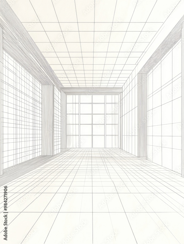 Line art illustration of a spacious room perspective on grid paper ...