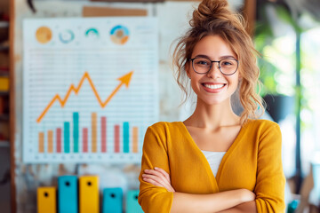 Poster - Smiling woman in a yellow sweater with glasses standing in front of a business graph chart background.