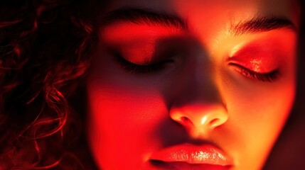 Wall Mural - Close-up portrait of a young woman with her eyes closed, illuminated by warm red light.